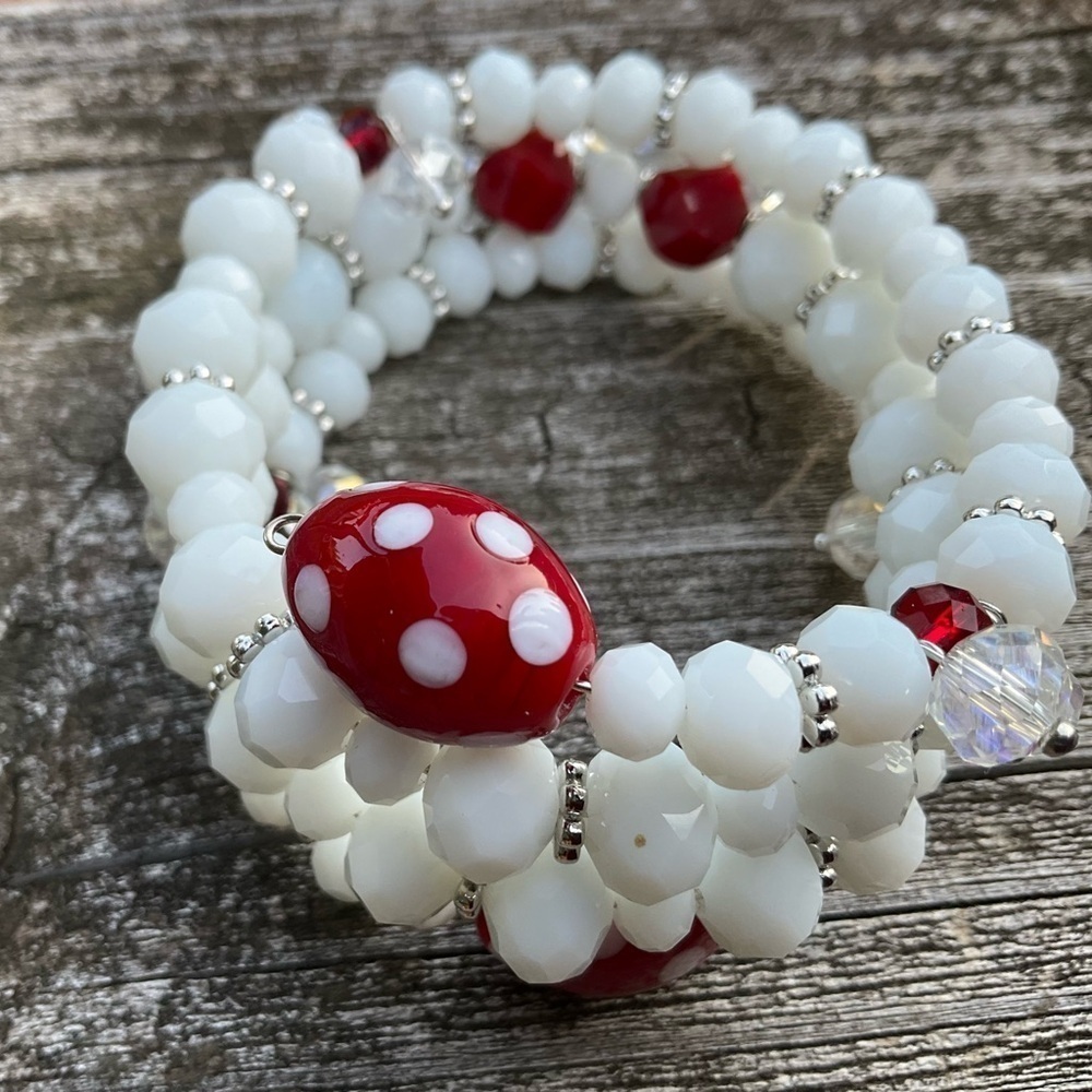 Hand Crafted White and Red Beaded Wrap Bracelet Memory Wire Clear Crystals
